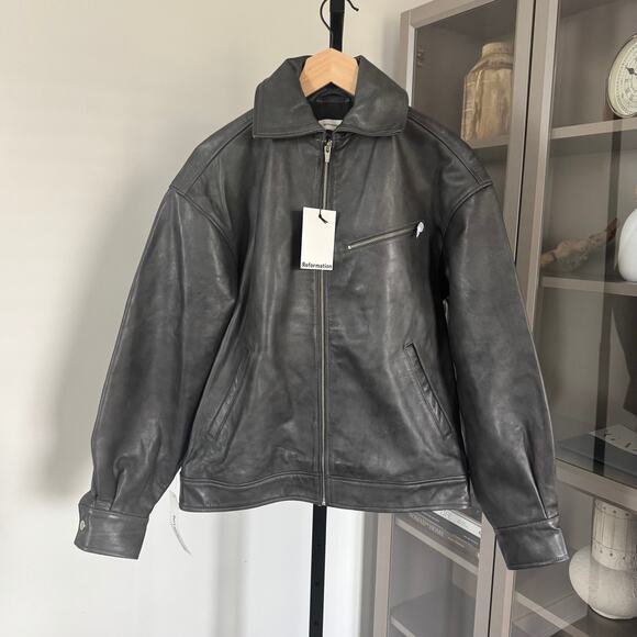 Reformation Veda Marco Bomber NEW Leather Oversized Highway Grey Jacket XXS - Picture 2 of 7